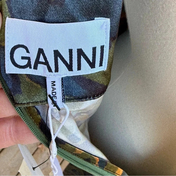 NWT GANNI Heavy Satin Printed Logo Short Dress Size 44 (US 10/12) Olive  *read - Picture 13 of 16